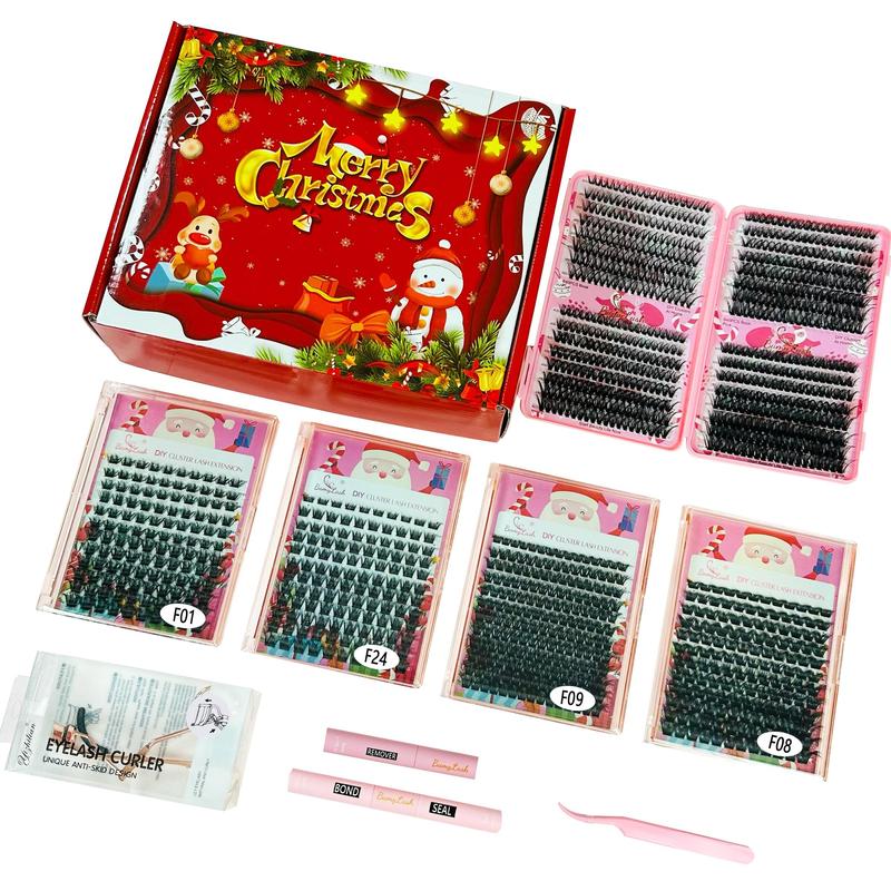 3D Cluster False Eyelashes with Eyelashes Extension Glue & Remover & Tweezers & Eyelash Curler, 1 Set Mixed Length & Styles Diy Cluster Lashes with Tools, Lash Clusters Kit, Makeup Gift for Women, Christmas Gift