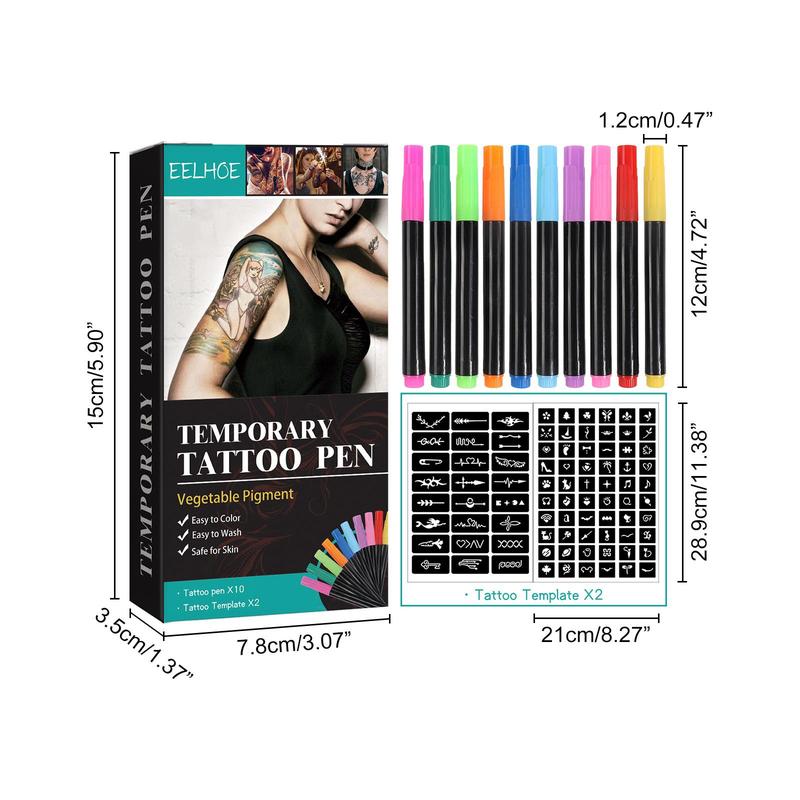 DIY Temporary Tattoo Pen Set, 10pcs Multipurpose Body Paint Pen & 2 Counts Tattoo Templates, Body Art Painting Pen for Women & Men