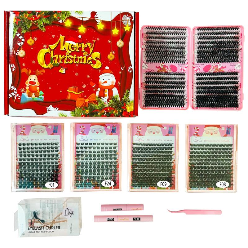 3D Cluster False Eyelashes with Eyelashes Extension Glue & Remover & Tweezers & Eyelash Curler, 1 Set Mixed Length & Styles Diy Cluster Lashes with Tools, Lash Clusters Kit, Makeup Gift for Women, Christmas Gift