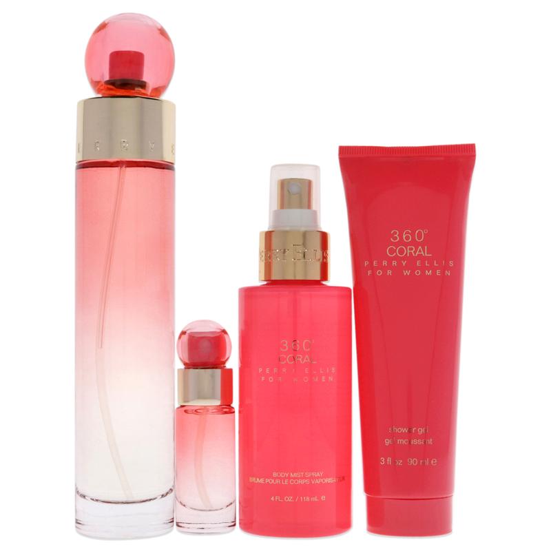 360 Coral by Perry Ellis for Women - 4 Pc Gift Set 3.4oz EDP Spray, 4oz Body Mist, 3oz Shower Gel, 0.25oz EDP Spray