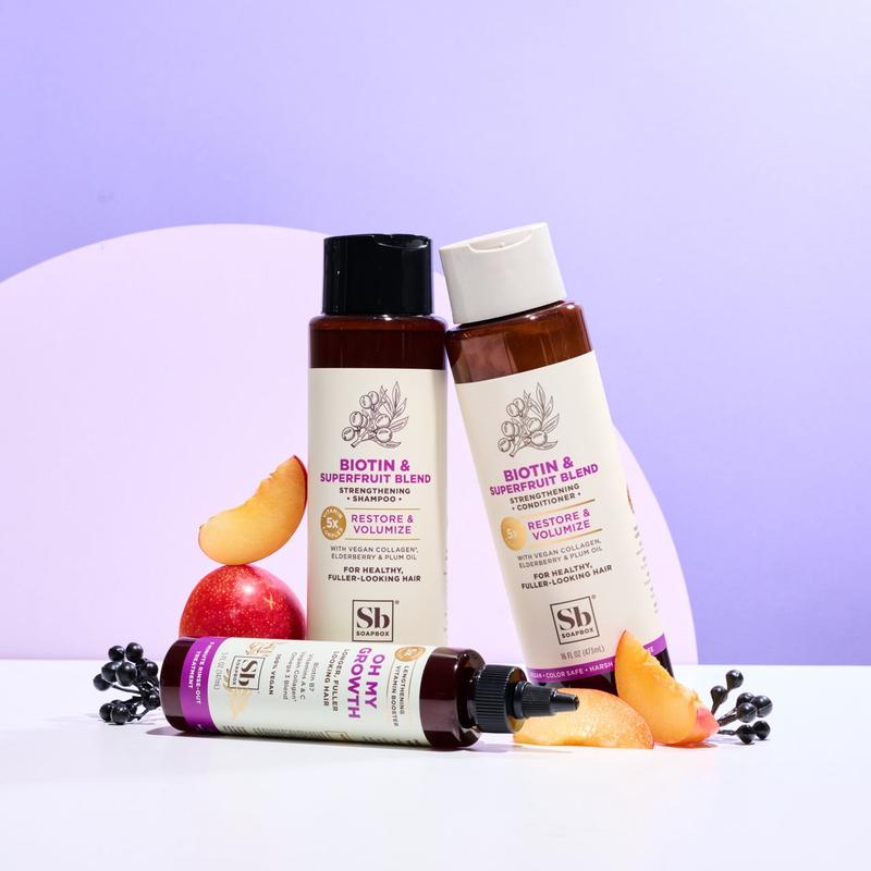 Soapbox Biotin & Superfruit Volumizing Haircare Bundle - Thicker, Fuller Hair - Vegan Collagen, Aloe, Shea Butter - Sulfate-Free, Paraben-Free, Silicone-Free, Color Safe, Vegan - Comprehensive Haircare for All Types - 4 Piece Set