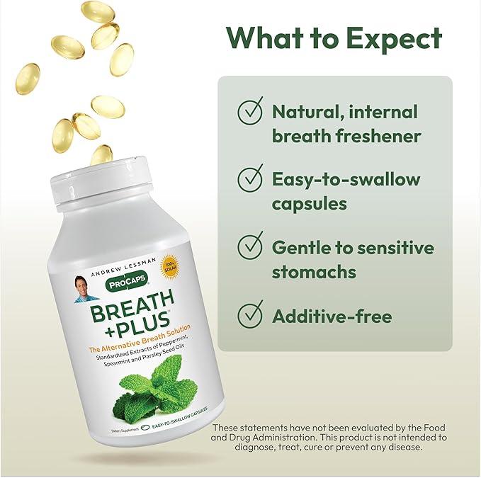 Andrew Lessman Breath Plus 60 Softgels - Natural Breath Freshener with Peppermint & Spearmint, Helps Eliminate Odors from Food and Smoking - Oral