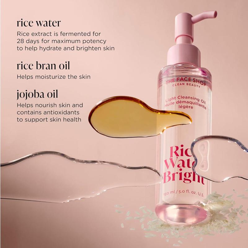 The Face Shop Rice Water Bright Light Facial Cleansing Oil, Daily Makeup Remover, Vegan, Korean Skin Care Lightweight for Oily Dry Skin