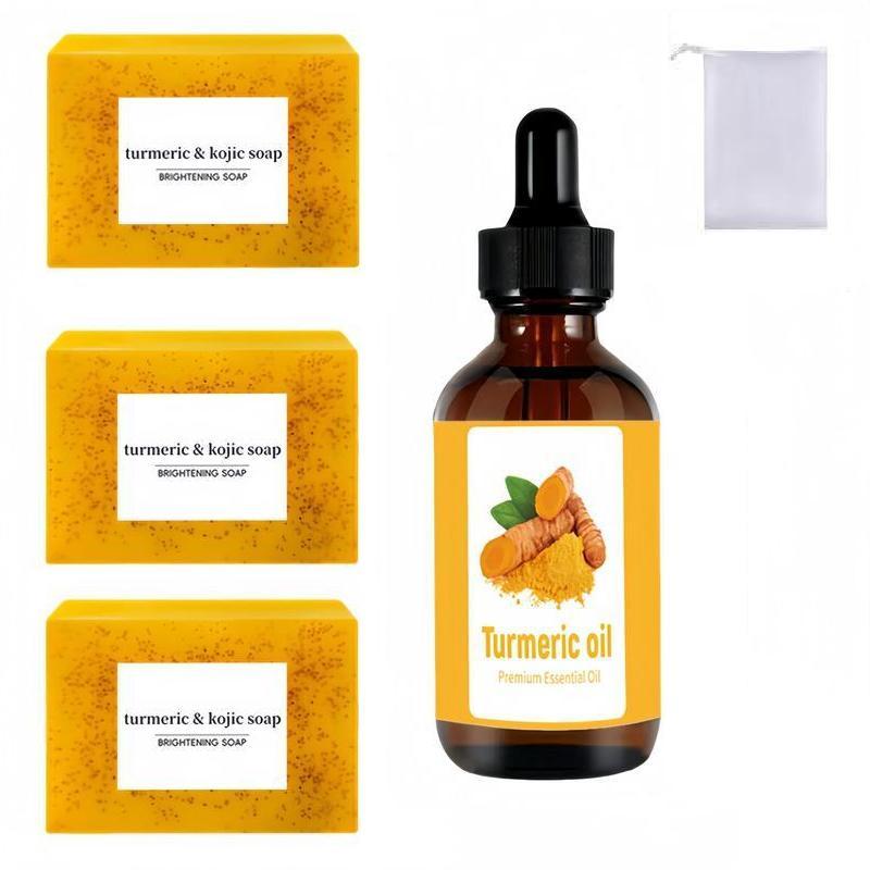 Turmeric Oil Soap Set, 3 Counts Turmeric Soap Bar with 1 Count Soap Saver Bag & 1 Count Turmeric Essential Oil, Moisturizing Skin Care Set for Women & Men, Christmas, Christmas Gift