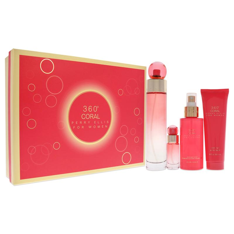 360 Coral by Perry Ellis for Women - 4 Pc Gift Set 3.4oz EDP Spray, 4oz Body Mist, 3oz Shower Gel, 0.25oz EDP Spray