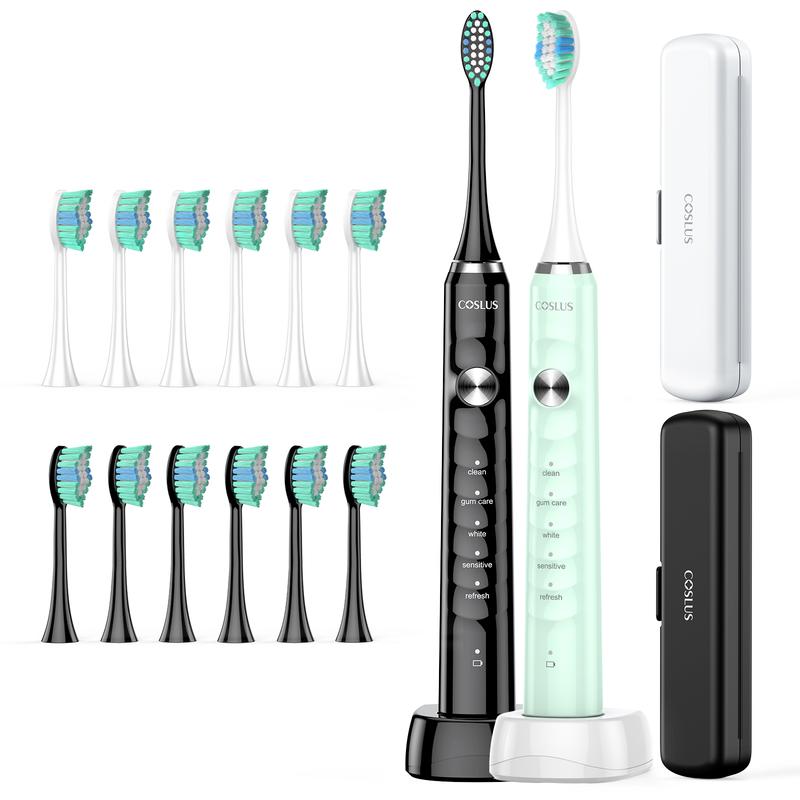 COSLUS  Electric Toothbrush ETB11, 2-Pack, Featuring 12 Brush Heads, 5 Modes, 47,000 VPM, and IPX7 Waterproof – Ideal for Home & Travel Use, Perfect for Daily & Oral Cleansing