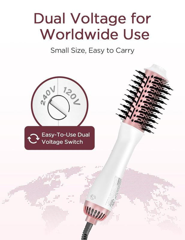 Hair Blow Dryer Brush，Dual Voltage Hair Dryer Brush, 100 Millions Negative Ionic Blow Dryer Brush Volumizer, One-Step Hot Air Brush in One for European USA, Styling Brush with Ceramic Coating, Handle Comfort