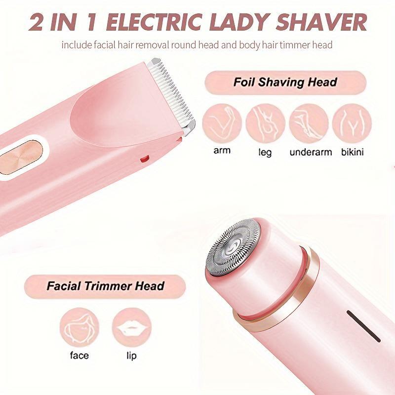 2 in 1 Electric Face Shaver for Women, 1 Set Waterproof Wet & Dry Use Body Razor, Rechargeable Hair Removal Machine for Bikini Legs Arm Underarm Face