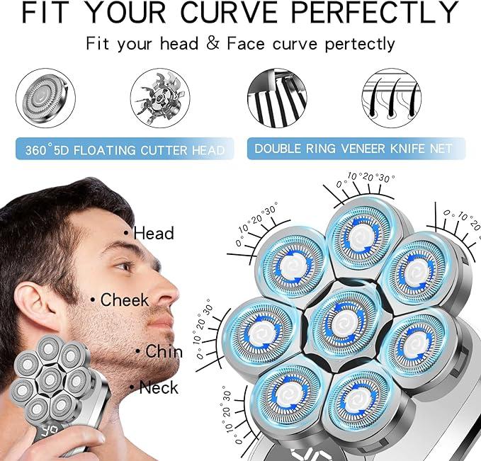 DIHOOM 6-in-1 8-head electric shaver: multifunctional shaving head, washable digital display, long battery life, suitable for family travel, 360-degree all-round beauty and cleaning, daily essentials for men Gift Comfort