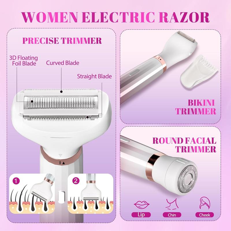 Bikini Trimmer for Women - 4 in 1 Electric Razors for Women Rechargeable Face Razors for Women Painless Lady Cordless Electric Shaver Waterproof Wet Dry Use Nose Hair Trimmer for Eyebrow Body