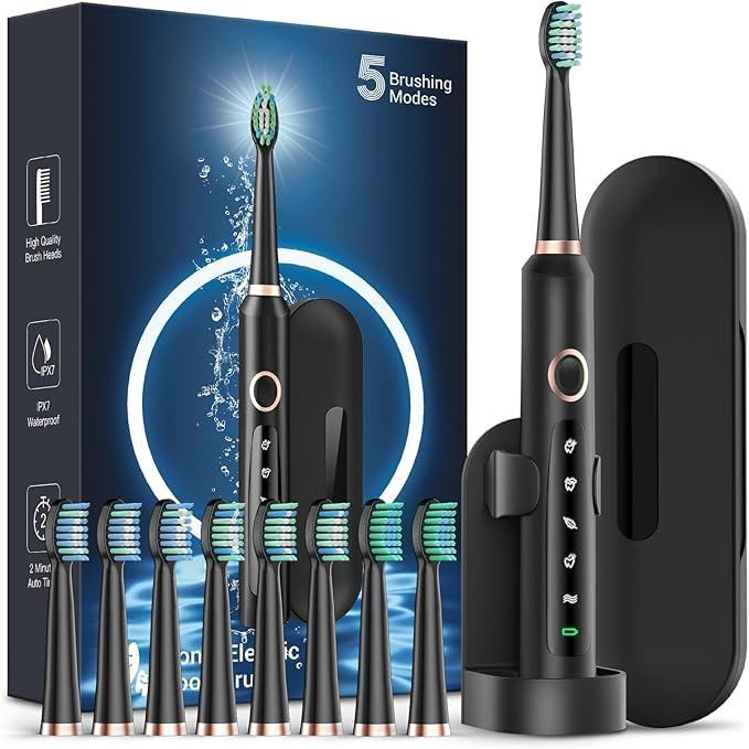 Rechargeable Electric Toothbrush for Adults and Kids with 8 Brush Heads & Travel Case