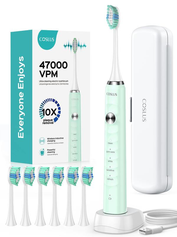 COSLUS  Electric Toothbrush ETB11, 2-Pack, Featuring 12 Brush Heads, 5 Modes, 47,000 VPM, and IPX7 Waterproof – Ideal for Home & Travel Use, Perfect for Daily & Oral Cleansing