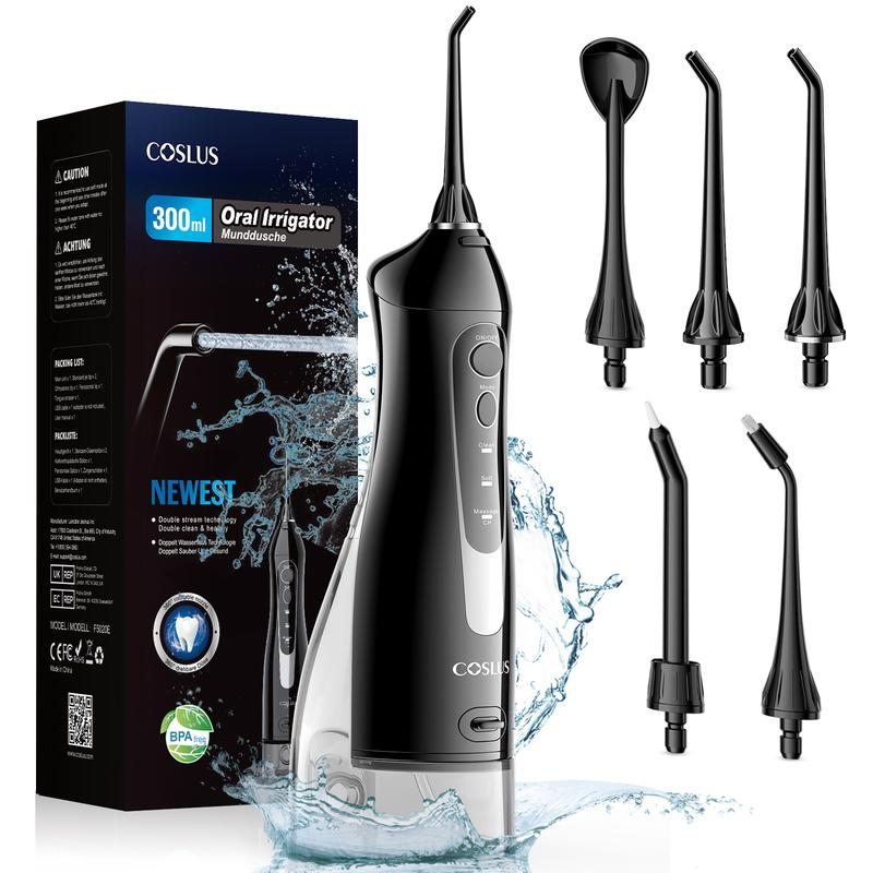 COSLUS Water Dental Flosser Cordless Oral Irrigato: 5 Replacement Heads with 300ML Super Large Tank, Dual-Thread Stream. Effectively Removes 99.99% Plaque for Improved Gum Health and Oral Freshness. 30 Day Battery Life, IPX7 Waterproof