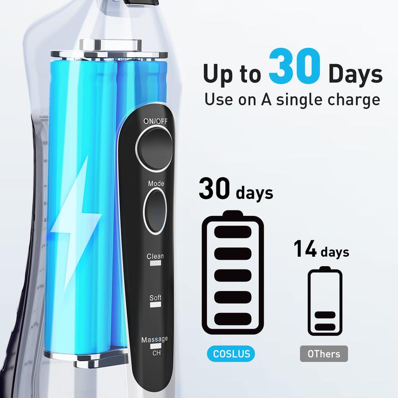 COSLUS Water Dental Flosser Cordless Oral Irrigato: 5 Replacement Heads with 300ML Super Large Tank, Dual-Thread Stream. Effectively Removes 99.99% Plaque for Improved Gum Health and Oral Freshness. 30 Day Battery Life, IPX7 Waterproof