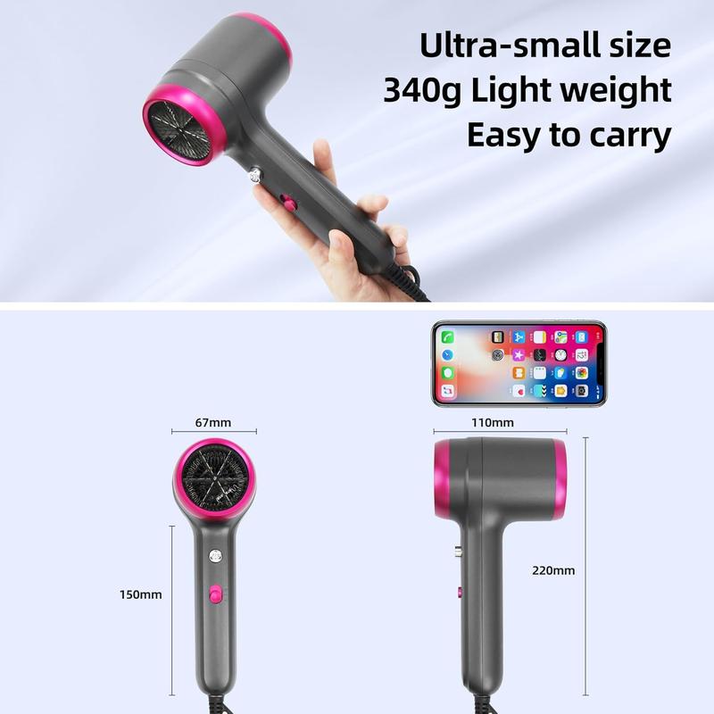 Hair Dryer with Diffuser 200 Million Ionic Blow Dryer 1800W Portable Hairdryer Fast Drying for Woman 4C Thick Curly Hair with No Dame Contain 2 Nozzles and 1Wall Mounted Holder for Home Salon Travel