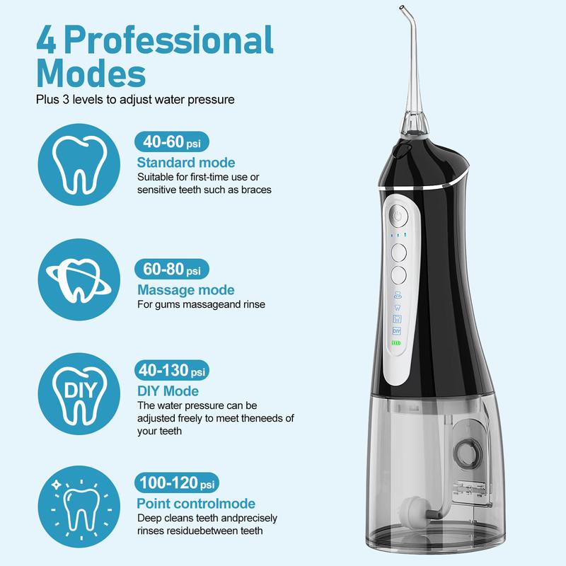 Cordless Water Dental Flosser - 4 Modes & 3 Intensities. 320ML IPX7 Waterproof Oral Irrigator. Rechargeable for Travel & Home Oral Hygiene.