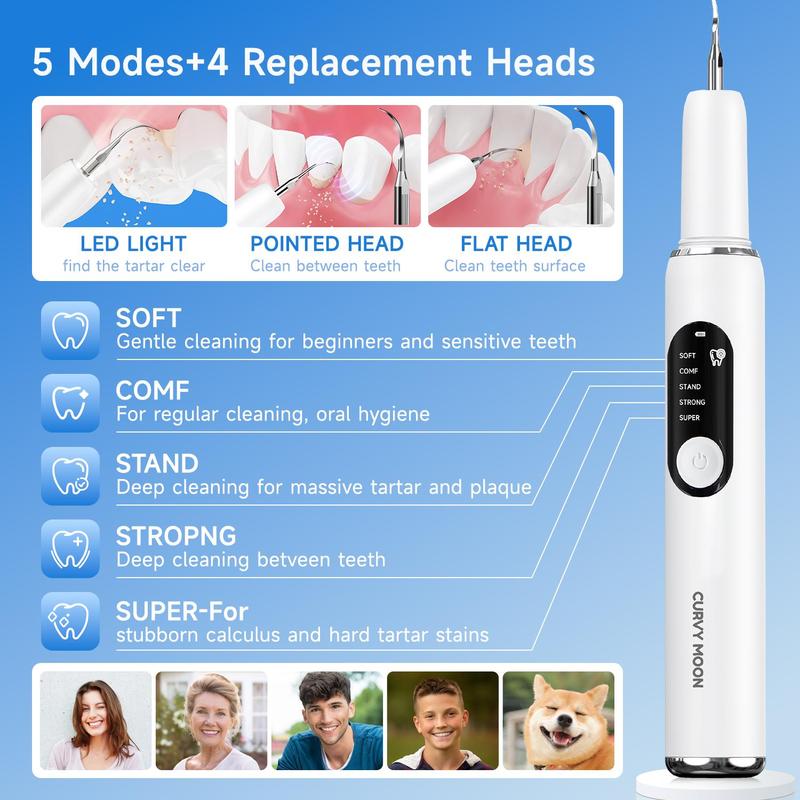 Rechargeable Electric Teeth Cleaner, 5 Modes Teeth Polisher with 2 Replacement Heads, Oral Care Tool for Women & Men