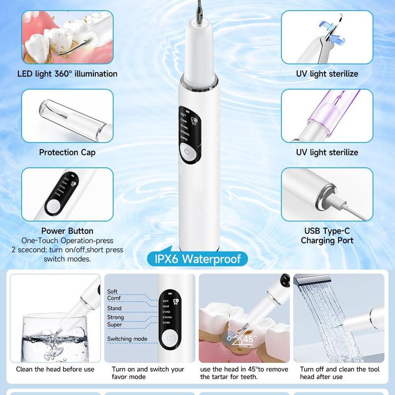 Rechargeable Electric Teeth Cleaner, 5 Modes Teeth Polisher with 2 Replacement Heads, Oral Care Tool for Women & Men