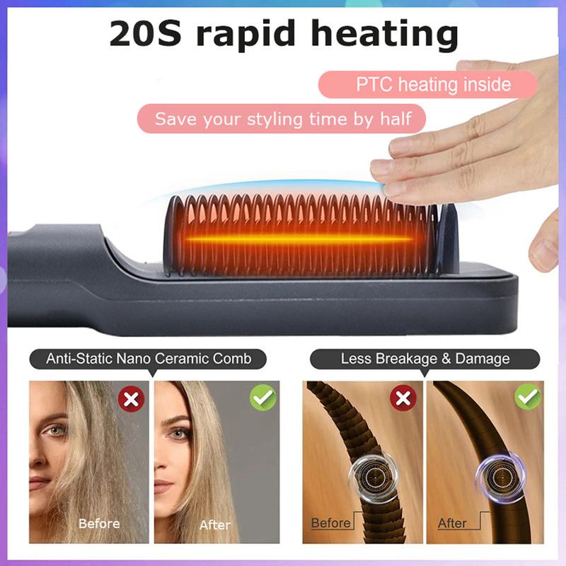 Hair Straightener Brush,Negative Ion Hair Straightening Styling Comb,Hot Brush Ring Comb with LED Screen,Anti-Scald, Auto-Off, Fast Heating,3 Temp Settings for Home,Travel & Salon