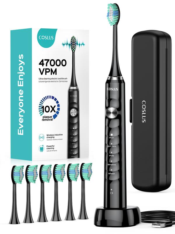 COSLUS  Electric Toothbrush ETB11, 2-Pack, Featuring 12 Brush Heads, 5 Modes, 47,000 VPM, and IPX7 Waterproof – Ideal for Home & Travel Use, Perfect for Daily & Oral Cleansing