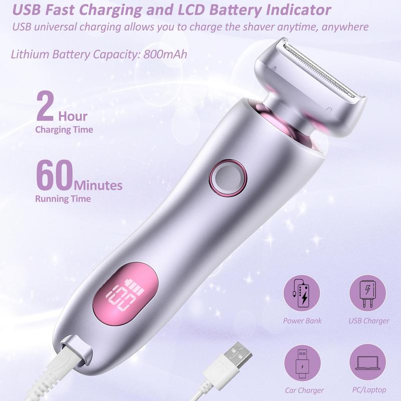 Wet & Dry Use Electric Shaver for Women, USB Rechargeable Waterproof Electric Razor with LED Display, Epilator Hair Remover, Portable Ladies Body Hair Trimmer for Legs Under Arms