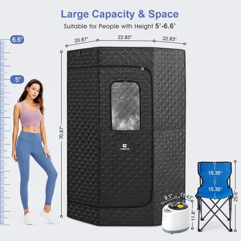 COSVALVE Full Size Portable Sauna,Pentagon Sauna Tent, Sauna Box, Personal Indoor Steam Sauna Room for Relaxation, at Home Sauna Spa w 4L 1600W Steam Generator, Remote Control, Timer, Folding Chair