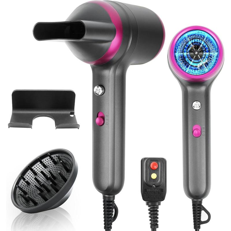 Hair Dryer with Diffuser 200 Million Ionic Blow Dryer 1800W Portable Hairdryer Fast Drying for Woman 4C Thick Curly Hair with No Dame Contain 2 Nozzles and 1Wall Mounted Holder for Home Salon Travel