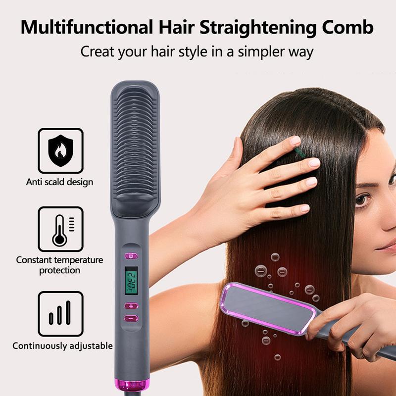 Hair Straightener Brush,Negative Ion Hair Straightening Styling Comb,Hot Brush Ring Comb with LED Screen,Anti-Scald, Auto-Off, Fast Heating,3 Temp Settings for Home,Travel & Salon