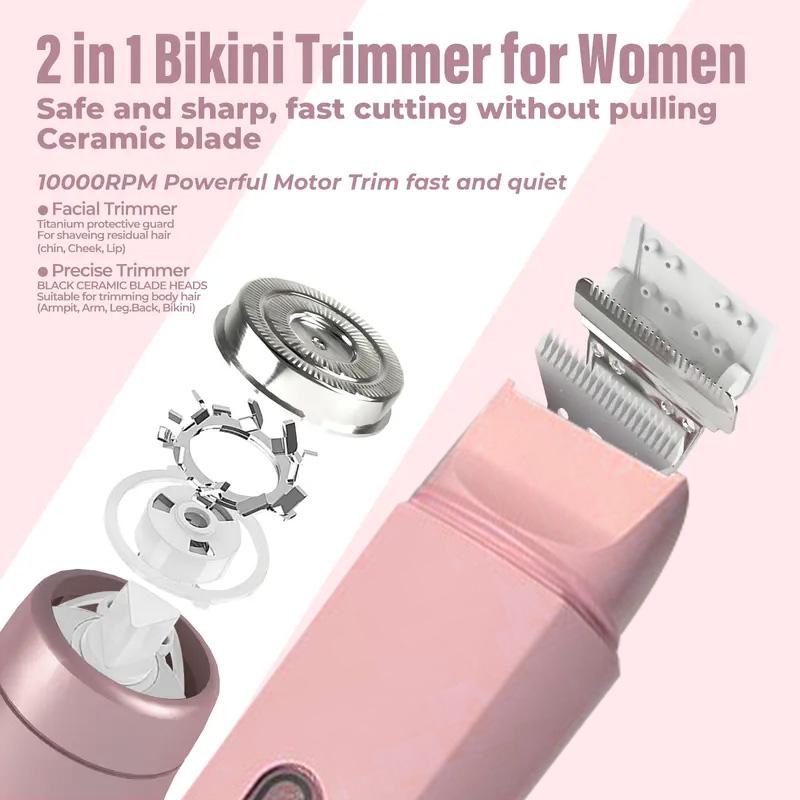 Bikini Trimmer for Women,USB Rechargeable Electric Shaver And Razor Rechargeable 2-in-1 Body & Facial Epilator,Portable Dual Heads for Gentle Painless Trimming of Sensitive Pubic Hair, Face, Underarms and Legs, Christmas Gift New Year Gife