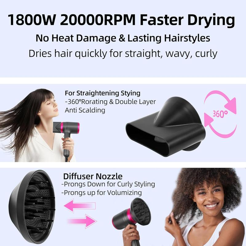 Hair Dryer with Diffuser 200 Million Ionic Blow Dryer 1800W Portable Hairdryer Fast Drying for Woman 4C Thick Curly Hair with No Dame Contain 2 Nozzles and 1Wall Mounted Holder for Home Salon Travel