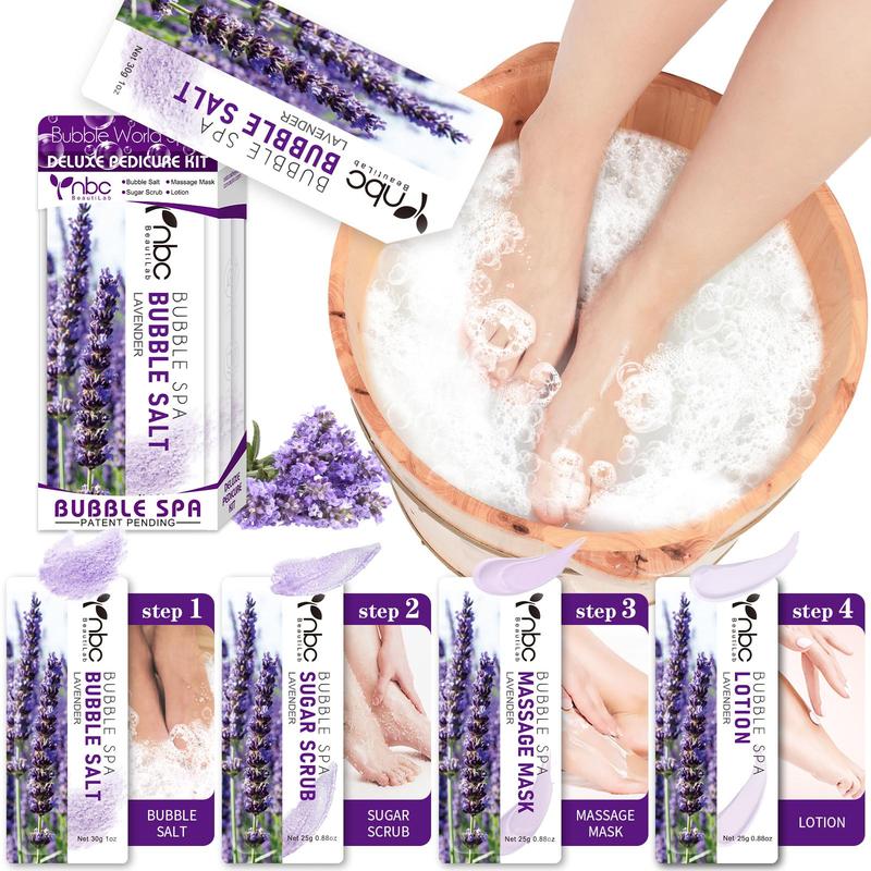 4 in 1 Foot Care Kit, 1 Count Lavender Scented Foot Soak Set, Including Bubble Salt, Scrub, Massage Mask, Massage Lotion, Foot Care Product, Christmas Gift