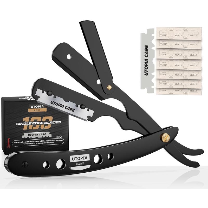 Professional Barber Straight Edge Razor Safety with 100-Pack Blades - 100 Percent Stainless Steel