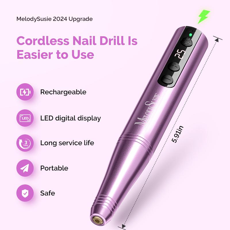 MelodySusie Cordless Electric Nail Drill Machine 11 in 1 Kit,PC180F 25000RPM Portable Rechargeable Nail Efile Set for Acrylic Gel Dip Powder Nails, 25 Speeds Manicure Pedicure Polishing Shape Tools