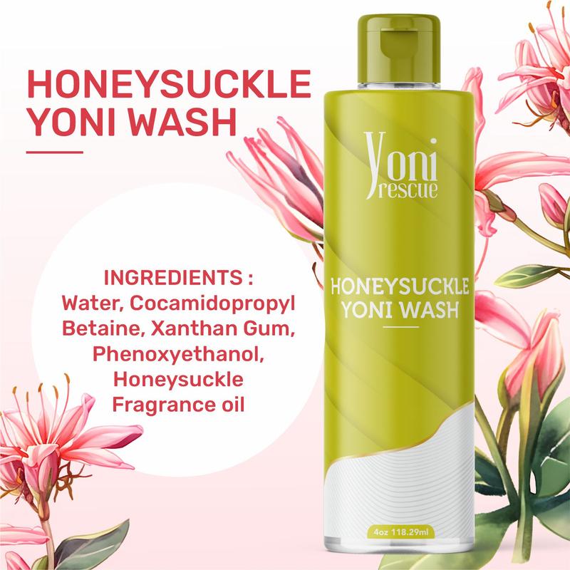 Honeysuckle Yoni Wash, 4oz, Daily use  gel based Wash, Reduce Odor, balance pH level, antibacterial , increase comfort by Yoni Rescue intimatewash for