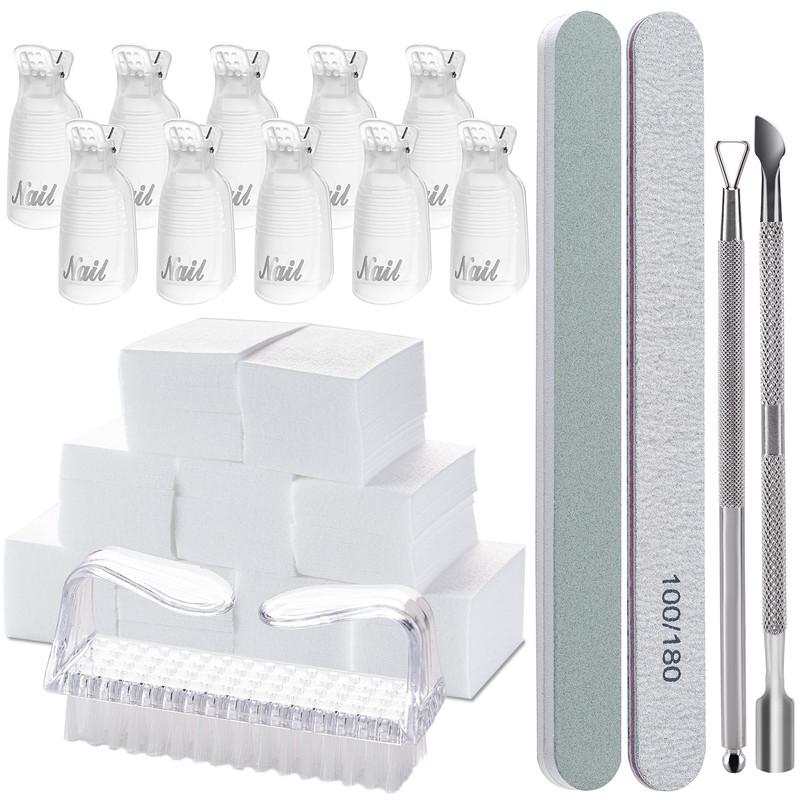 Gel Nail Polish Remover Tools Kit, with 10 Pcs Nail Clips, 400 Pcs Lint Free Nail Wipes, Nail Files 100 180, Buffer Block 400 4000, Nail Brush, Cuticle Pusher& Peeler (Clear) Nail Care Manicure