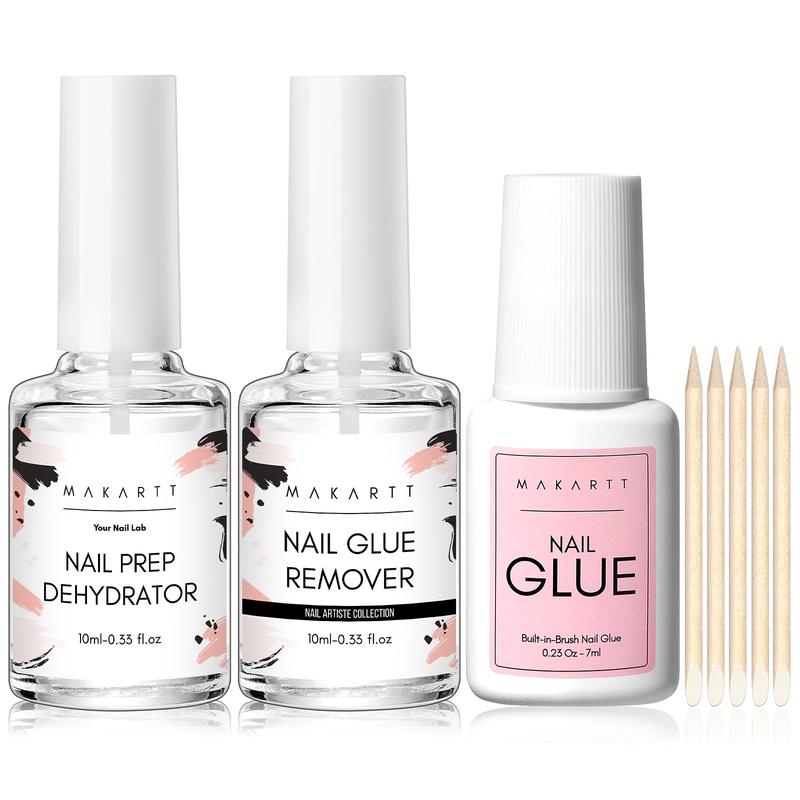 Makartt Nail Dehydrator 10ML Nail Glue 7ML and Nail Glue Remover 10ML Set, Acid Free Primer Glue and Debonder All in One Supplies Kit for Press on Nails Fake Nails Application, Easy Manicure at Home