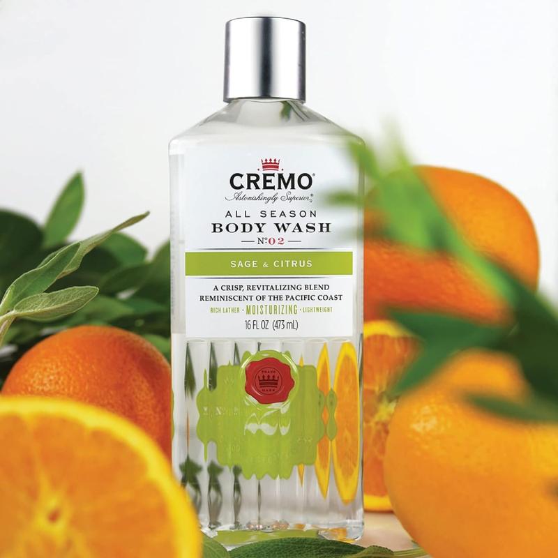 Cremo Rich-Lathering Sage & Citrus Body Wash for Men, A Revitalizing Combination of Bright Mandarin, 16 Fl Oz, Body Care Fragrance Scent Cologne