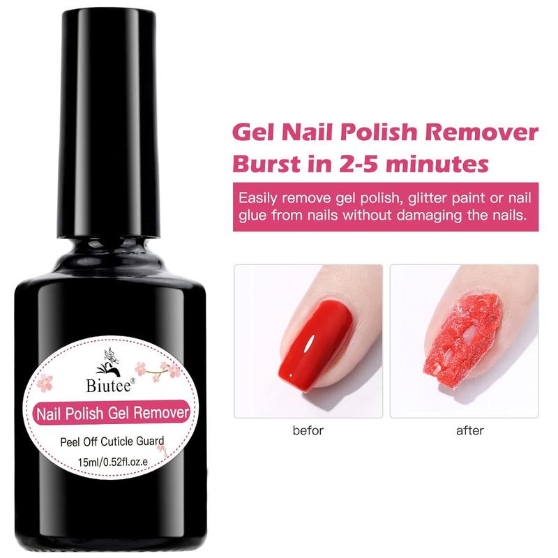 Biutee Gel Nail Polish Remover Gel Polish Remover with Latex Tape Peel Off Liquid Gel Remover for Nail 2-5 Minutes Quick & Easy Professional Nail Polish Remover No Soaking or Wrapping, 15ML Acrylic Kit Manicure Nail Care Gift Wipe Uv