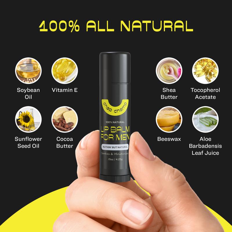 ChapChamp Mens Lip Balm - All Natural Mens Chapstick for Dry Lips -  6 Pack Assorted Flavors Lip Balm Men - Contains Vitamin E, Shea Butter, Cocoa Butter and Beeswax Chapstick Men - Made in the USA