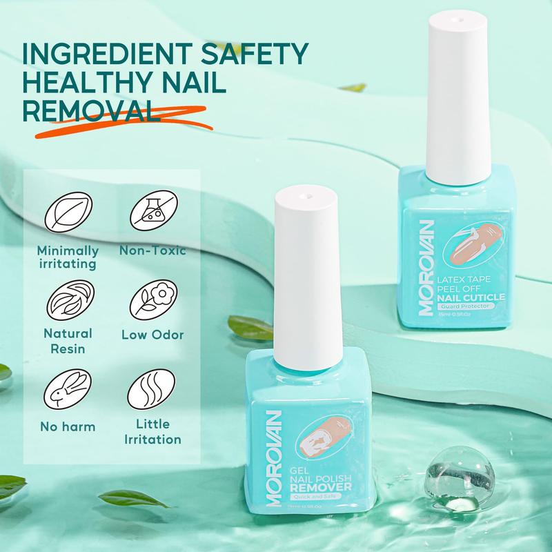 MOROVAN Gel Polish Remover Kit - Nail Tech Equipment with Latex Tape Peel Off Liquid with Cuticle Pusher Peeler Cuticle Oil Nail File Cleaner Quick & Easy No Need for Foil Soaking Or Wrapping