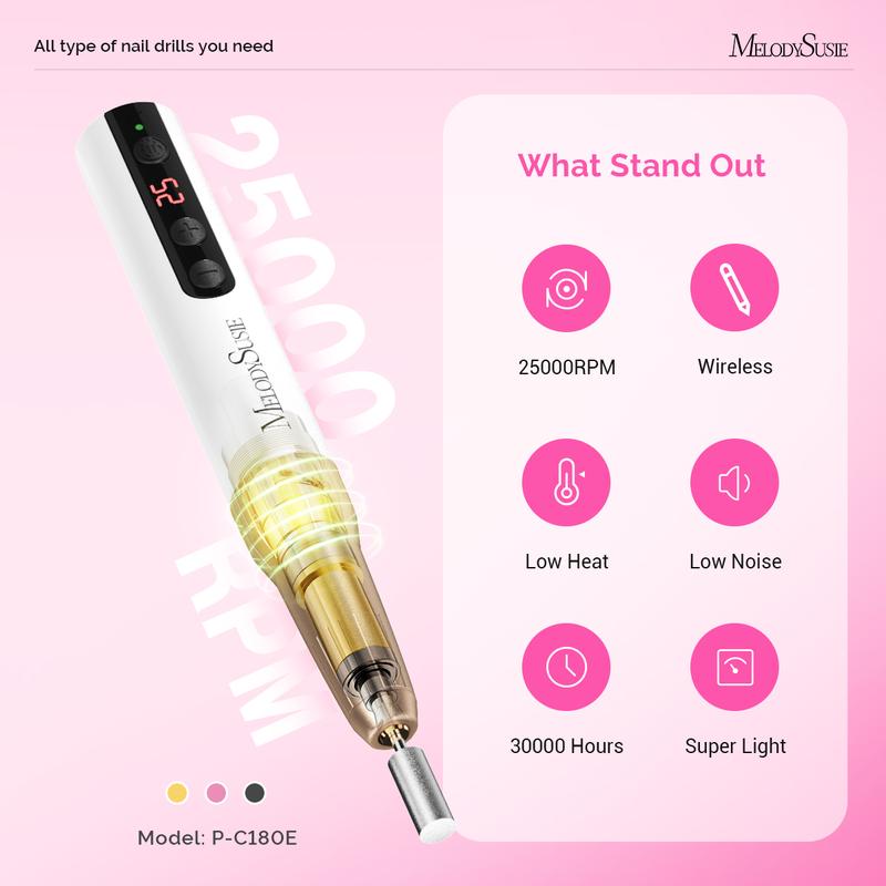 MelodySusie Rechargeable Cordless Electric Nail Drill,PC180E 25000RPM Portable Nail Efile for Acrylic Gel Dip Powder Nails