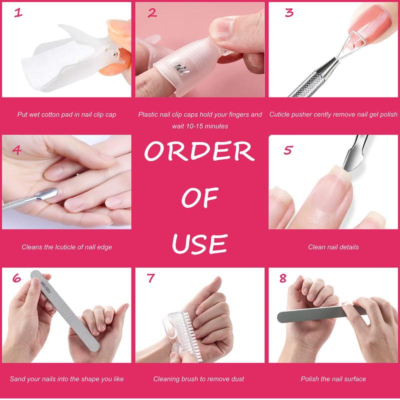 Gel Nail Polish Remover Tools Kit, with 10 Pcs Nail Clips, 400 Pcs Lint Free Nail Wipes, Nail Files 100 180, Buffer Block 400 4000, Nail Brush, Cuticle Pusher& Peeler (Clear) Nail Care Manicure