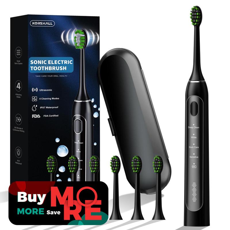 KORSMALL Electric Toothbrush 4 Modes Clean Rechargeable with 6 Brush Heads & Travel Case Powerful High Frequency Vibration Toothbrush with Smart Timer Oral Deep Clean ToothBrush Set Teeth Brightening Gift for Loved Ones