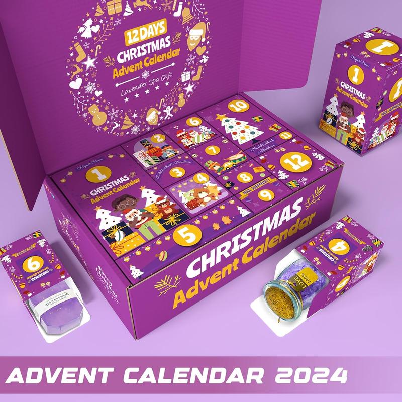 Christmas Advent Calendar 2024-12, unique Lavender Spa gift basket set including coffee mug, scented candle, bath salts, soap