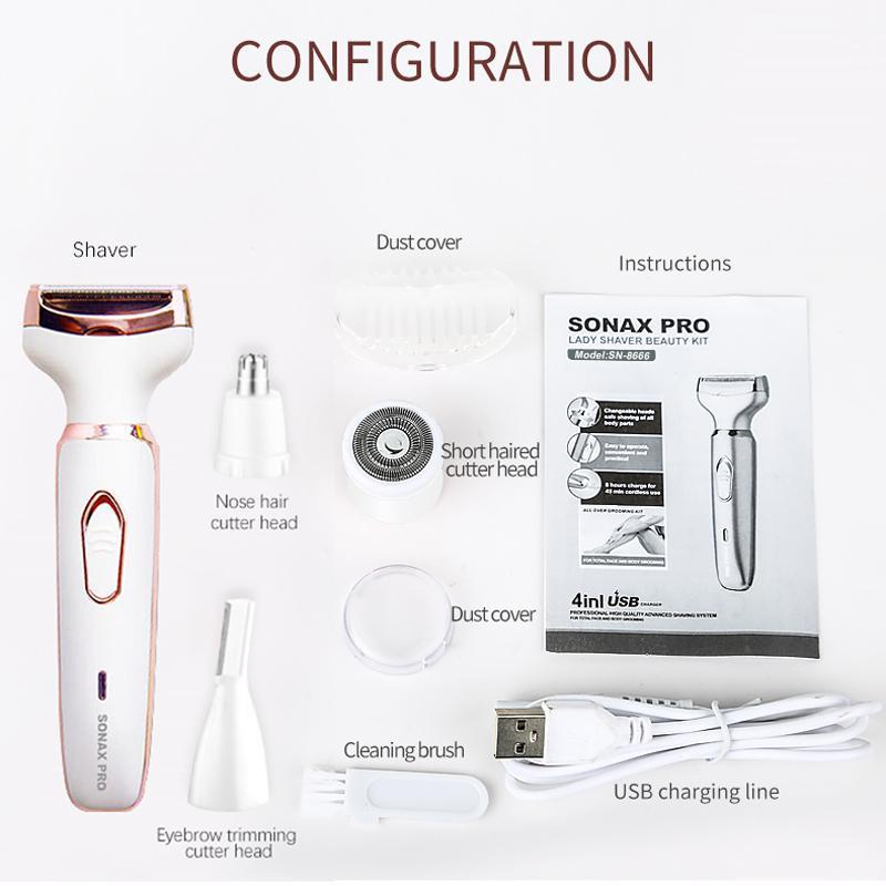 4 in 1 Electric Hair Removal Tool, USB Rechargeable Grooming Kit for Body, Face, Nose, Arms, Legs, Bikini Area, Body Razor for Women