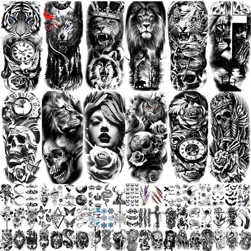 72 Sheets Temporary Tattoo for Men Women Adults, Includes 12 Sheets Large Black 3D Half Sleeve Tattoos - Color, Olive