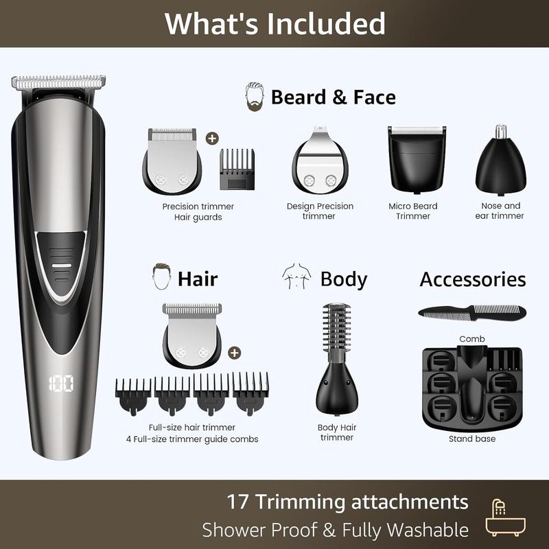 Beard Trimmer for Men,17-Pc Set Rechargeable Hair Clippers Kit with Safety Lock,Mens Grooming Kit for Hair Beard Body & Nose,Gifts for Men