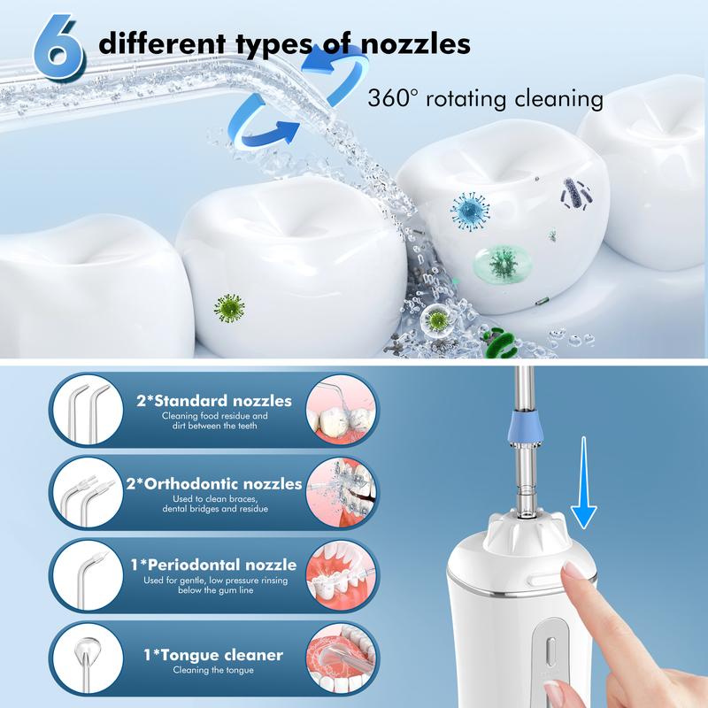 Angevol Powerful Water Flosser. Portable Oral Irrigator. 6 Nozzles. 350ml. IPX7 Waterproof. Household. Cleaning. Cordless