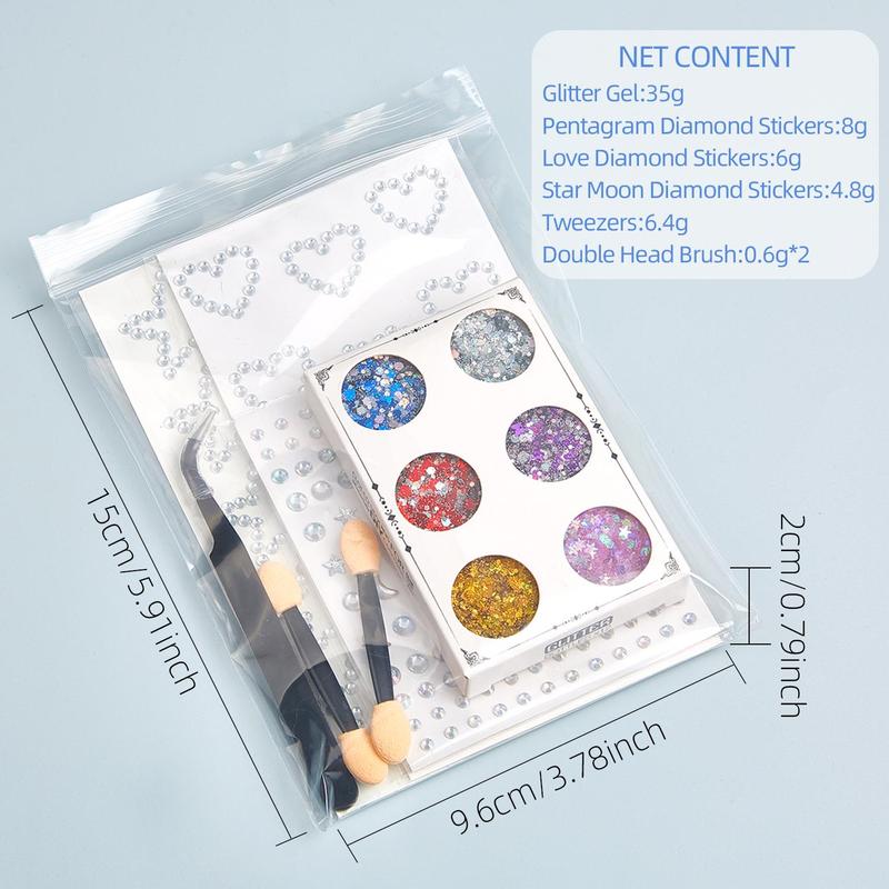 Glitter Gel Set, 12pcs set Including 6 Color Glitter Gel & 2 Counts Double-ended Brush & 1 Count Tweezers & 3 Counts Rhinestone Sticker, Body Makeup for Women & Girls