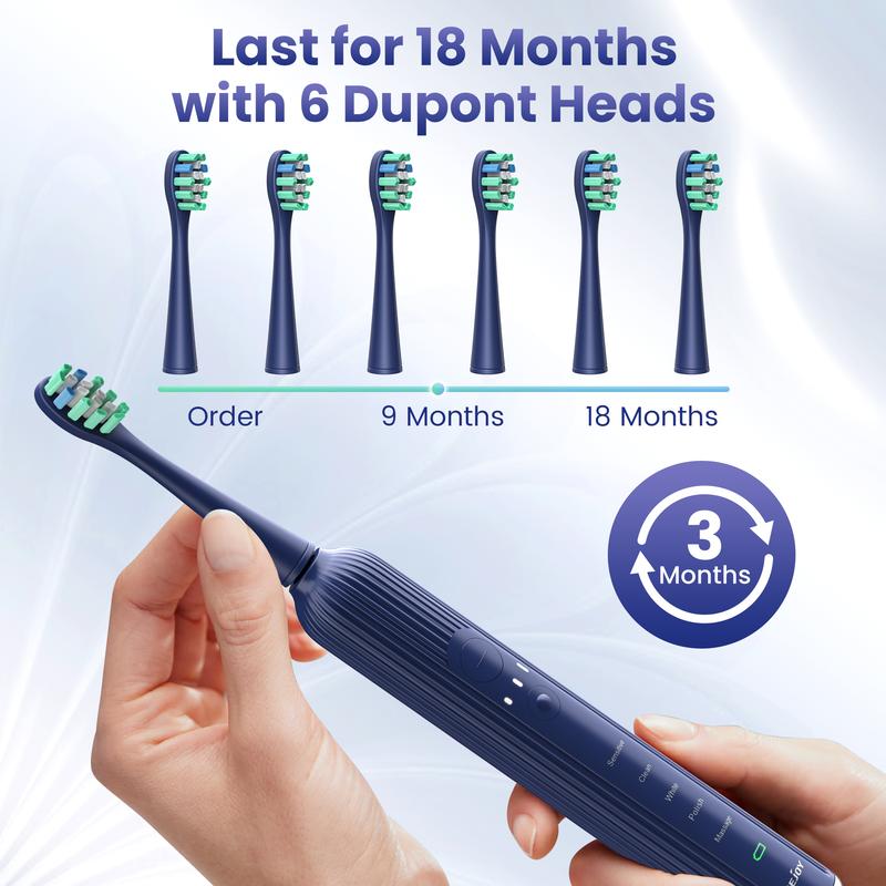 SEJOY Sonic Electric Toothbrush Rechargeable Power 6 Brush Heads 15 Modes Timer